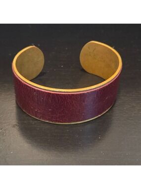 Dark Burgundy Red Faux Leather Brass Cuff Bracelet